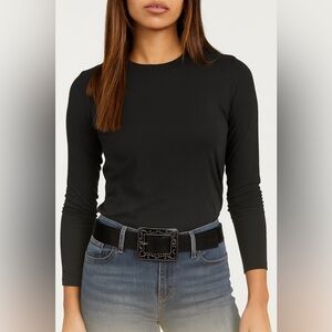 Suzi Roher Black Leather Belt with Square Tortoise‎ Design Buckle Sz. S